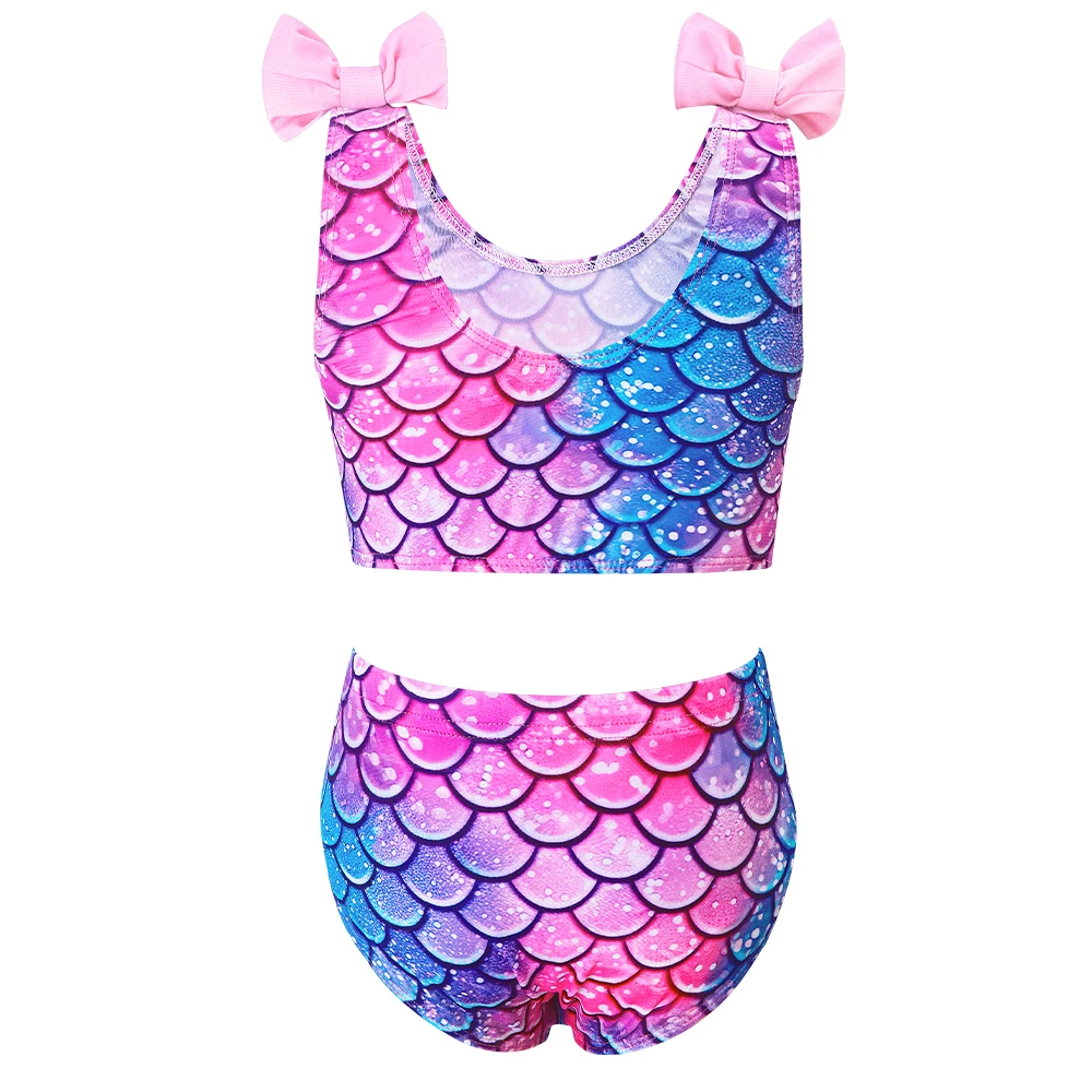 Mädchen Meerjungfrauenflossen-Bikini 3-teiliges Set, Badeanzug mit Fischschuppen-Print, Prinzessinnen-Mode-Performance-Bademode, Schwimmkostüm für Kinder – Detail 7