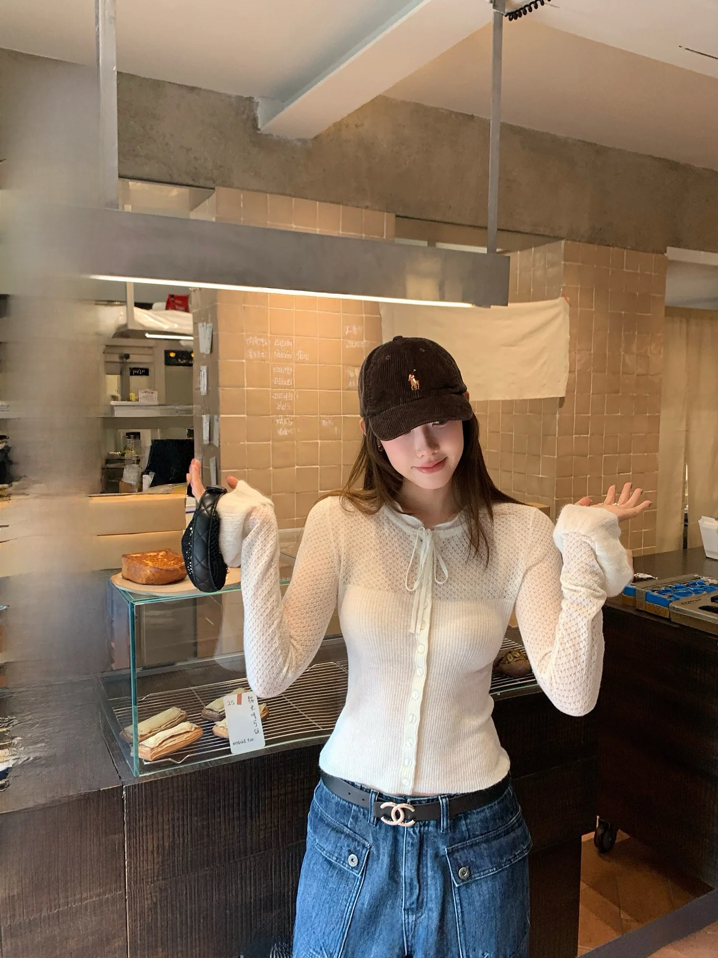 

Ranweardu Knitted Sweater Lace Hollow out Bell Sleeve Wool Cashmere Ladies Fashion round Neck Button up Long Sleeve Slim Fit Top