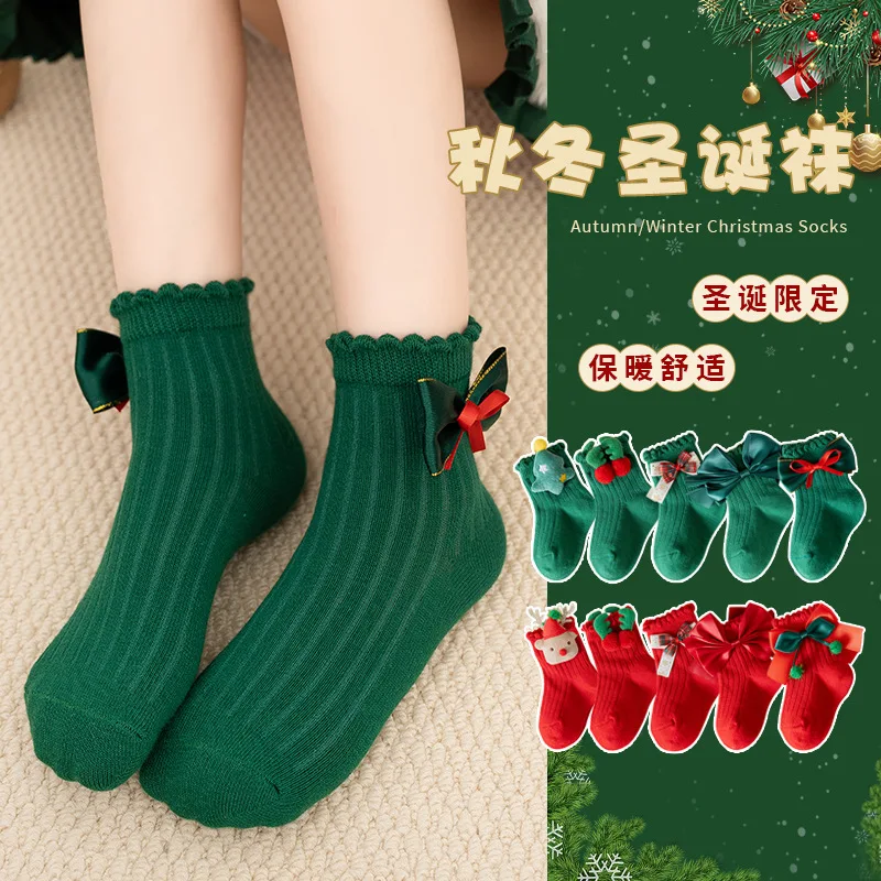 Calzini natalizi Calzini con fiocco per bambini Autunno e inverno Scaldamani rossi per decorazioni natalizie per cartoni animati per calzini di Natale Capodanno 2026