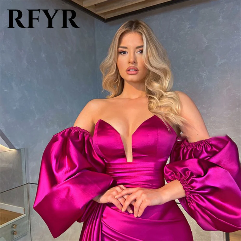 RFYR Fuchsia Long Party Dress Vintage Off the Shoulder Night Dress Mermaid Pleat Celebrity Dress with Split vestidos de fiesta