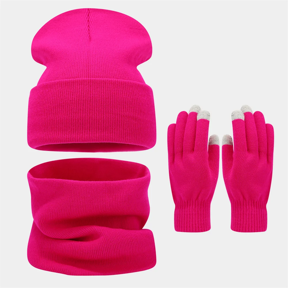 New Fashion Adult Winter Outfit Solid-color Beanie Hat Scarf And Gloves Sets Outdoor Warm Knitted Hat Set