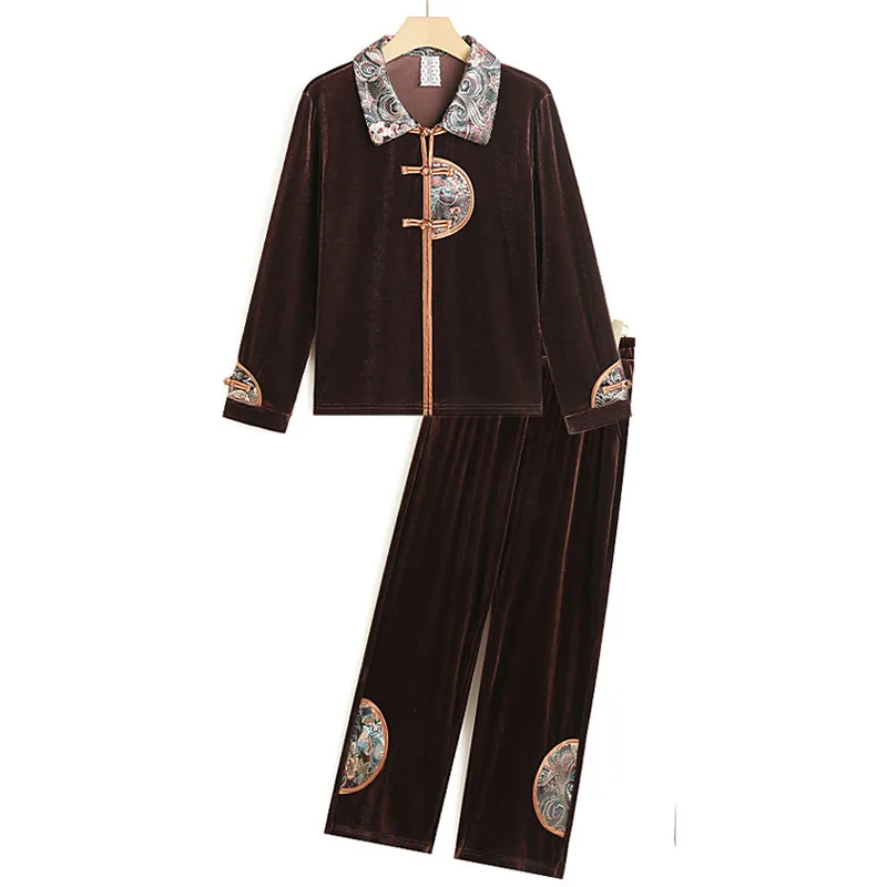 Mother Spring Gold velvet Two Piece Sets Women\'s 2024 Middle-aged Chinese Style Suit Printed Retro Casual Tracksuit Sets Female