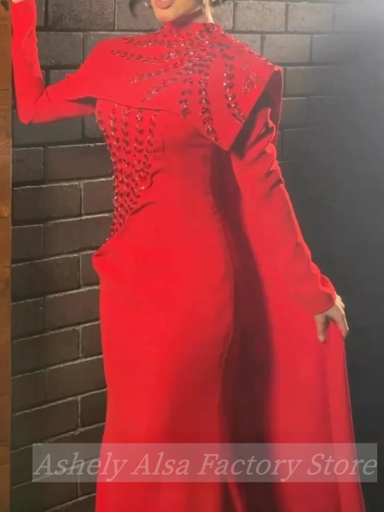 Customized Saudi Arabic Muslim Red Long Sleeve Evening Dress High Neck Beading Women Special Occasion Party Dress Pageant Wear