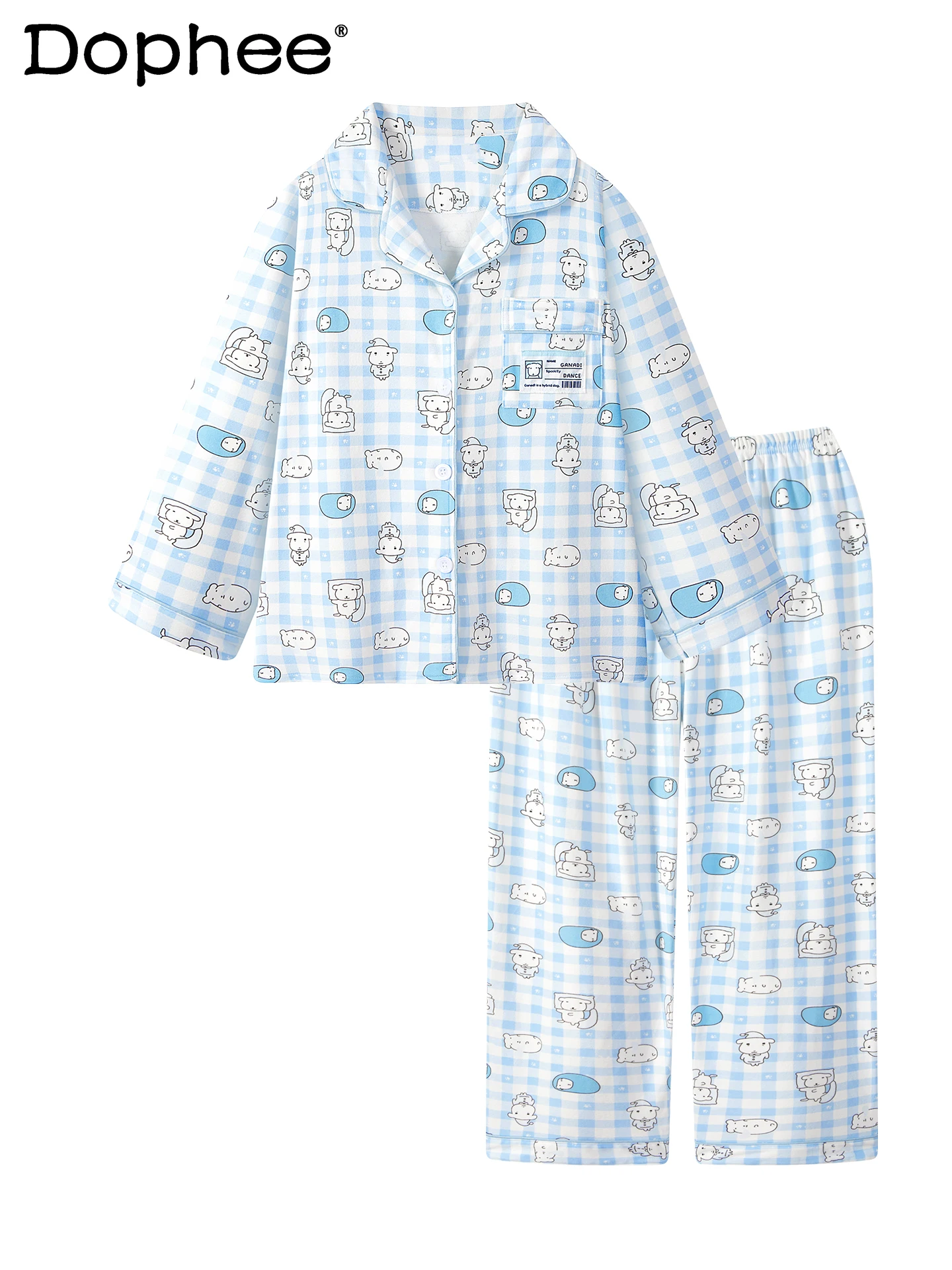 

2025 New Thickened Cute Blue Plaid Cartoon Puppy Pajamas Thin Fleece Autumn Winter Long Sleeve Homewear Set for Women