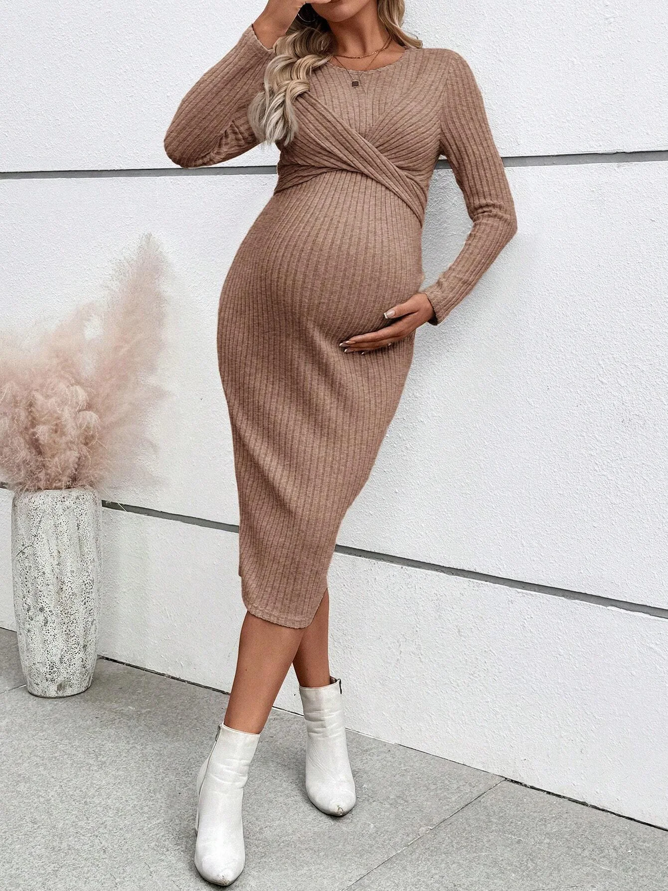 

Maternity Dress Long-sleeved Dress for Pregnant Women Elegant Knotted Slimming Pregnancy Dresses Long Sleeve Maternity Clothes