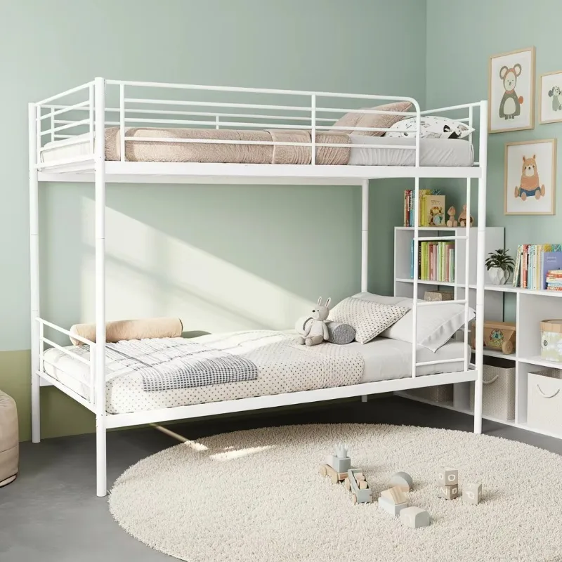 Modern Metal Bunk Bed with Ladder High Guardrail Able to Split Storage Space Twin Over Twin Size Black White Hotel & School Use