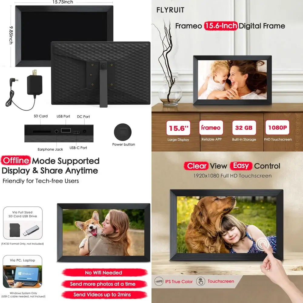 Cadre photo numérique WiFi 15,6, cadre, écran tactile Full HD, 32 Go, partage de photos et de vidéos instantanés