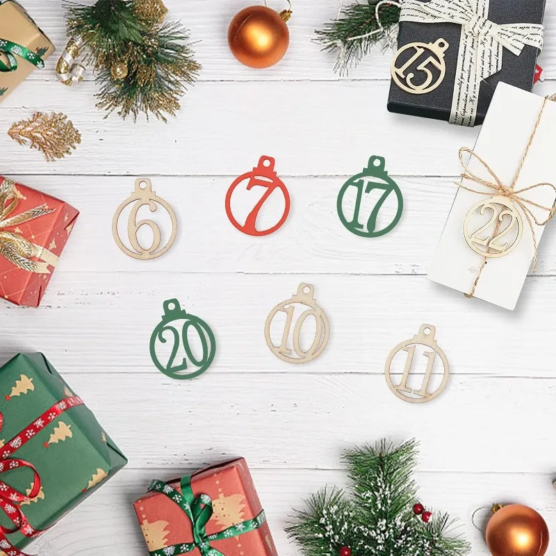 100 Pcs Number Wooden Calendar for Christmas 1-25 Christmas Countdown Advent Calendar Wooden Number Pendants for Christmas Tree