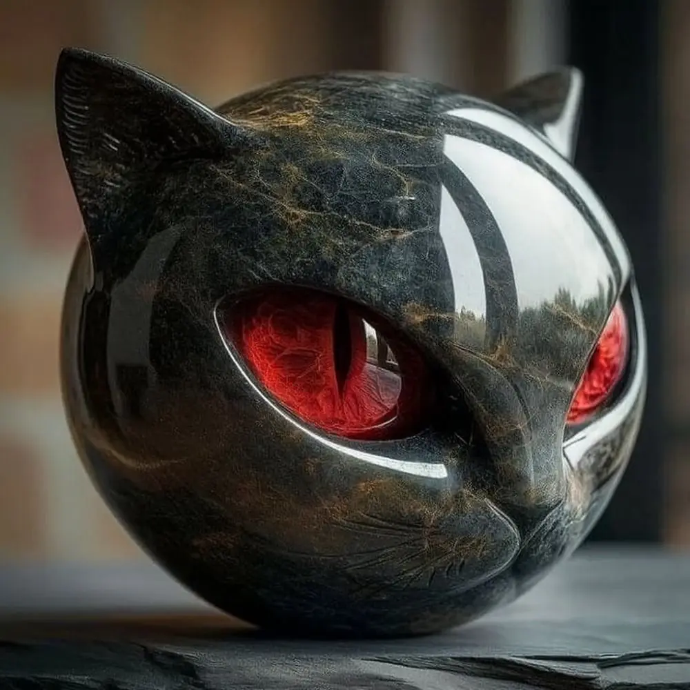 Amber Eyes Black Cat Stone Figurine Marble Texture Resin Resin Stone Sculpture Obsidian Black Crystal Healing