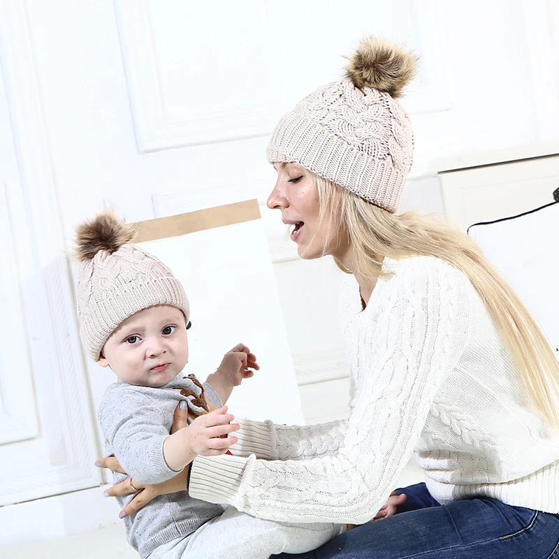 Women Girls Boys Pom Pom Hat Winter Warm Fur Pompom Hairball Knitted Beanies Hats Mom Kids Caps