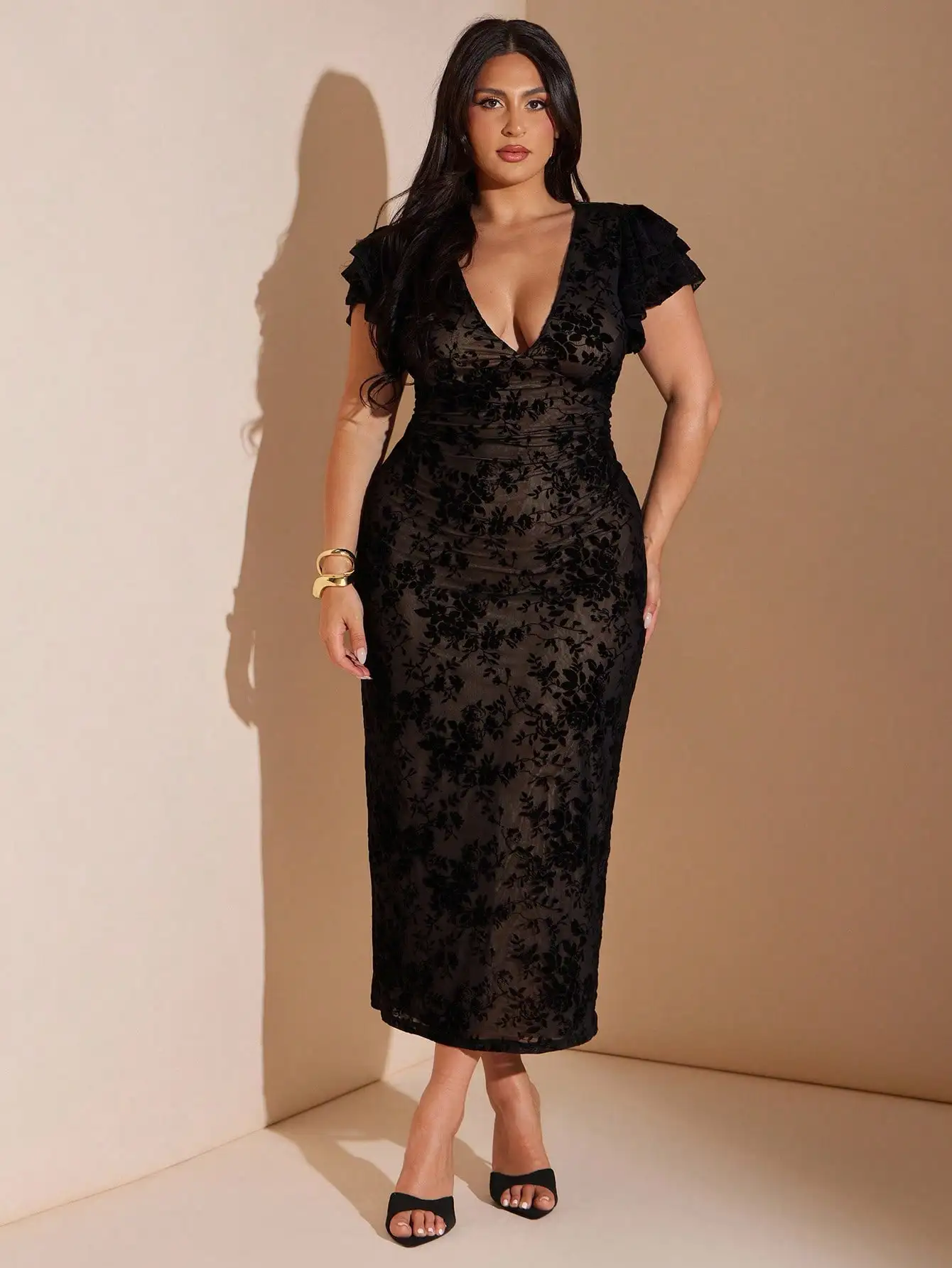 

Black Floral Lace V-Neck Ruffle Sleeve Bodycon Midi Dress