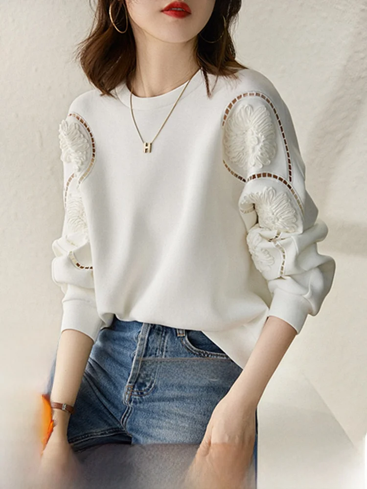 

Thiened Fce Lined Embroidered Heavy Work Pleated Sweatirt Women's Top Euro Sle Faionable Casual Comfortable Fit