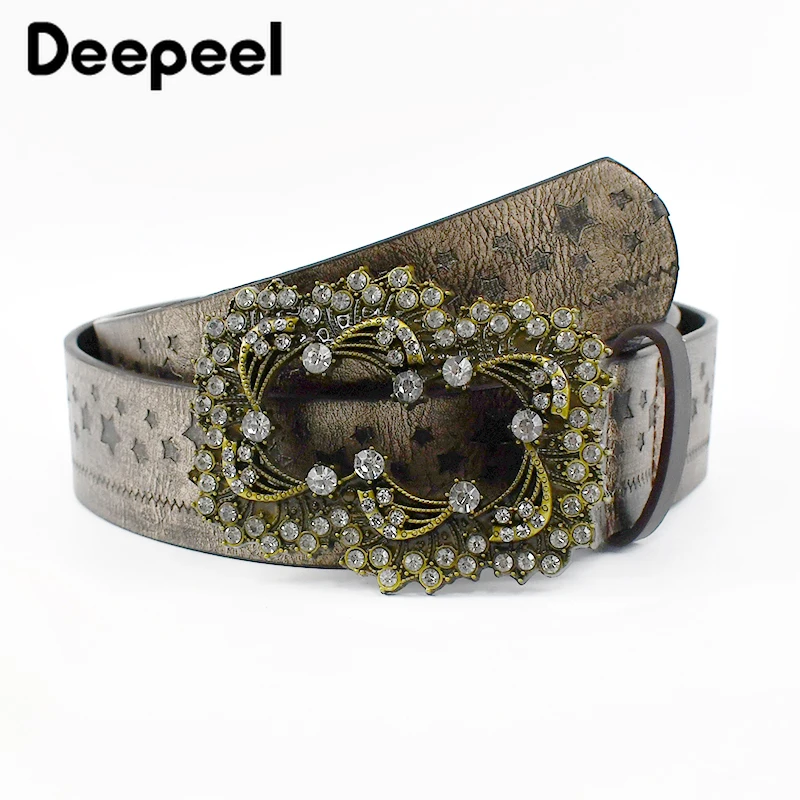 Deepeel 3.8*100cm Fashion Women Leather Belt Retro Embossed Belts Metal Stones Buckles Corset Decorative Waistband Jeans Girdle