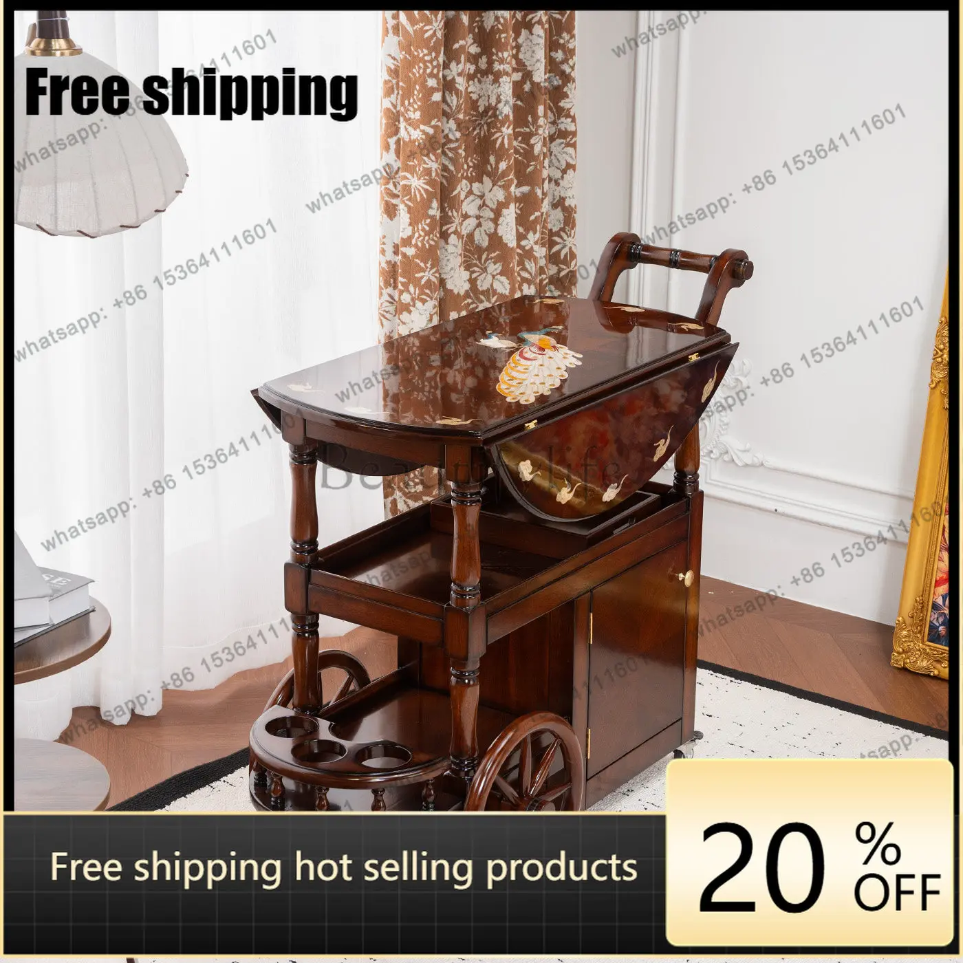 HOT snail peach blossom core solid wood push dining cart wheels, movable coffee table folding dining table high-end