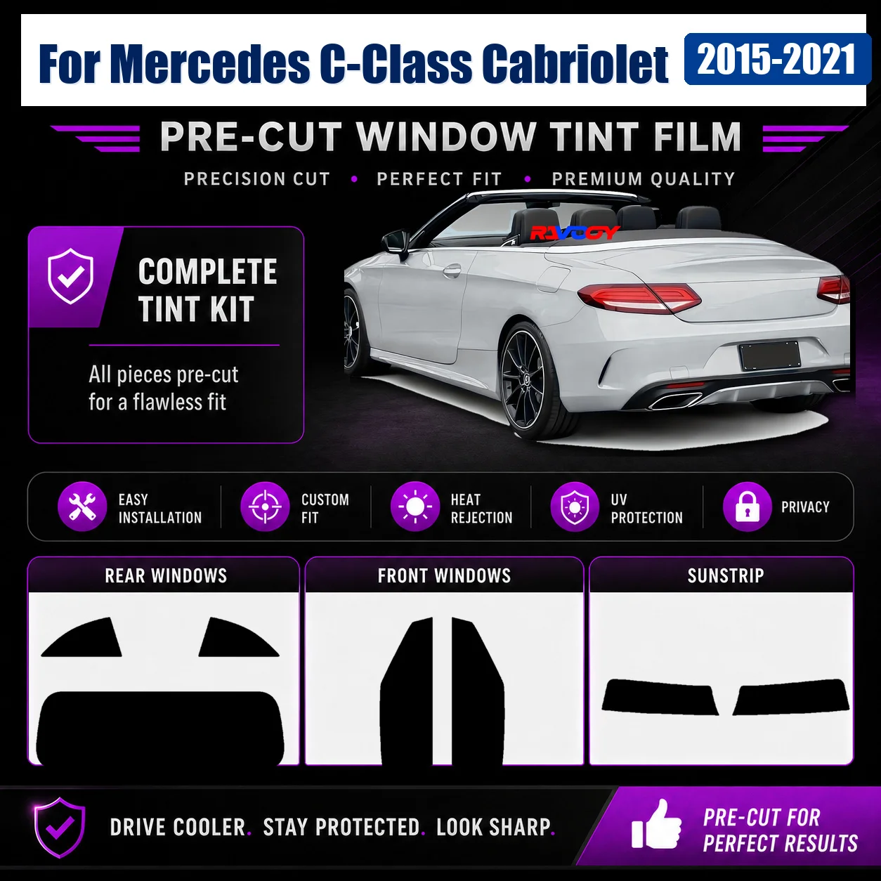 For Mercedes C-Class Cabriolet 2015-2021 Premium Full Set Window Sun Shade Film Precut Glass Kit