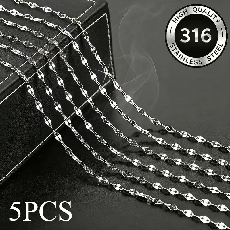 5pcs Stainless Steel Classic Minimalist Lip Chain Necklace Solid Basic Clavicle Collier Silver Color Chains for Unisex Jewelry