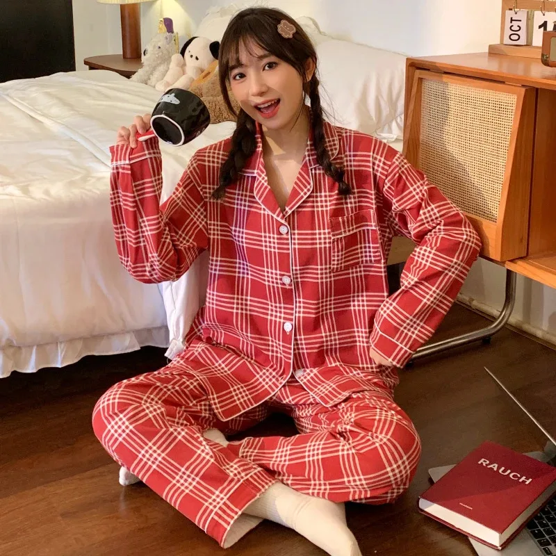 

Spring Autumn Cute Grid Girls Pajamas Set Korean New Long Sleeve Leisure Sleepwear Women Loose Nightwear Homewear Suit