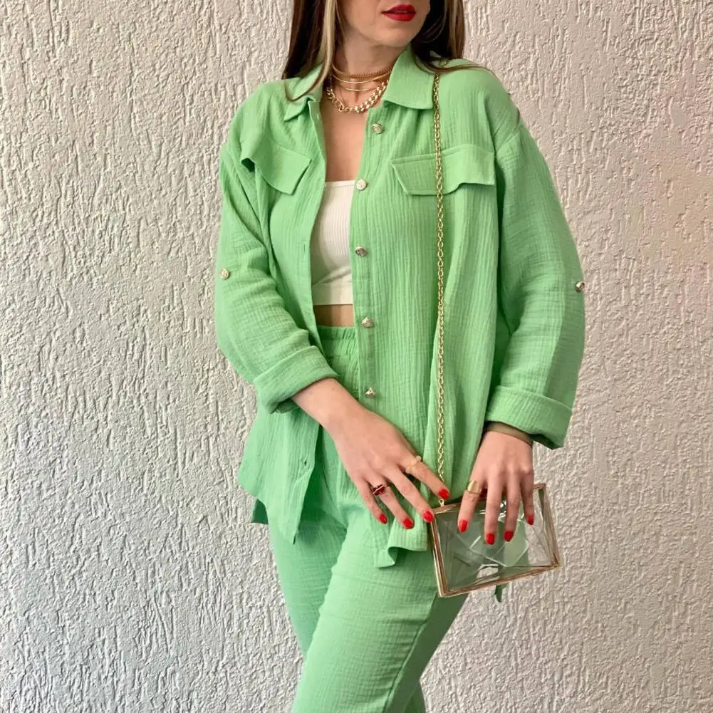 Traje de manga larga para mujer, conjunto de camisa y pantalones informales con cuello de solapa, blusa de un solo pecho, cintura alta elástica para diario