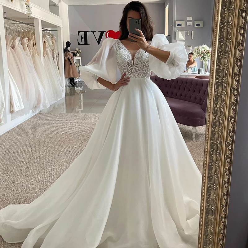 

Eightree Boho Beach A-Line Wedding Dresses Puff Sleeve Appliques Bridal Dress Elegant Princess Evening Wedding Gowns Custom Size