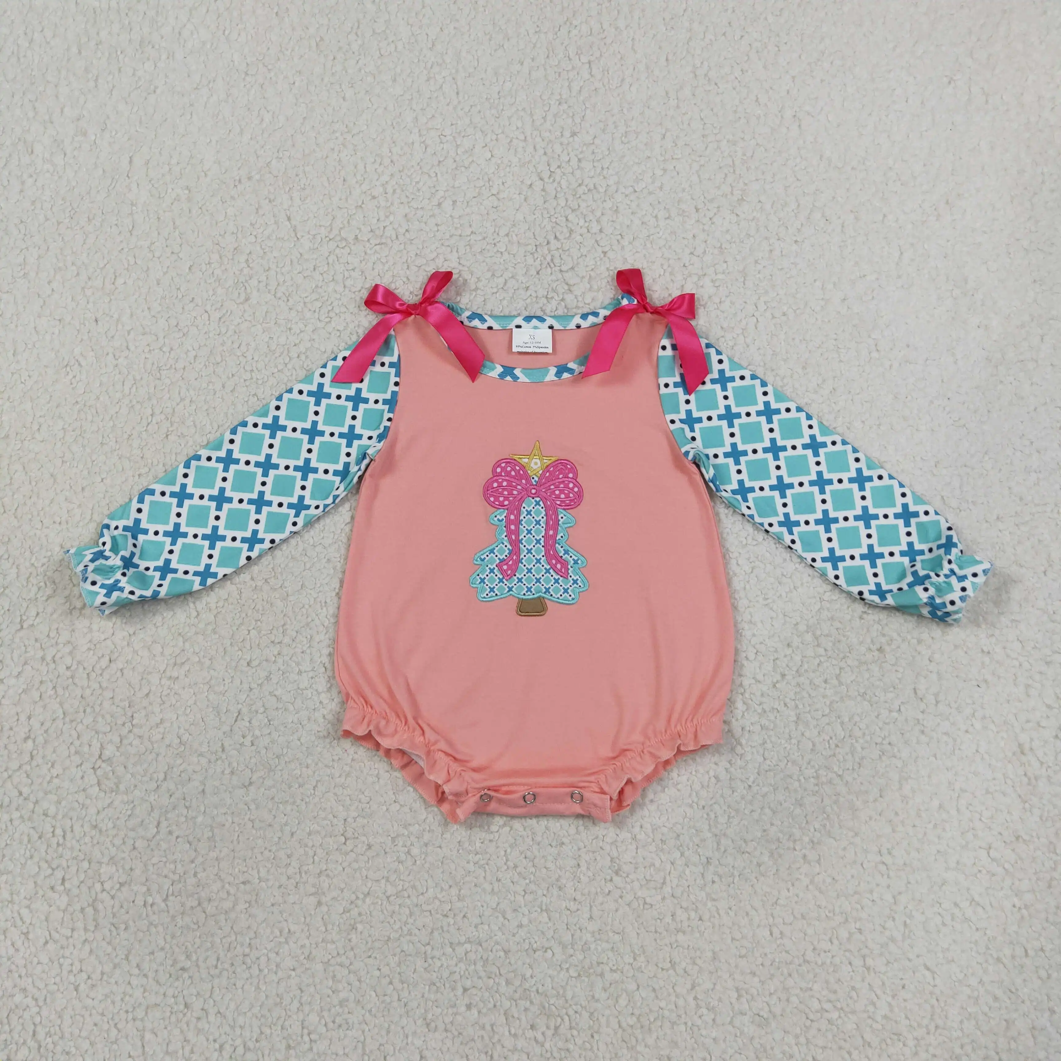 Wholesale Infant Christmas Clothing Kids Children Baby Girl Jumpsuit Newborn Toddler Girls Embroidery Bows Tree Bubble Romper