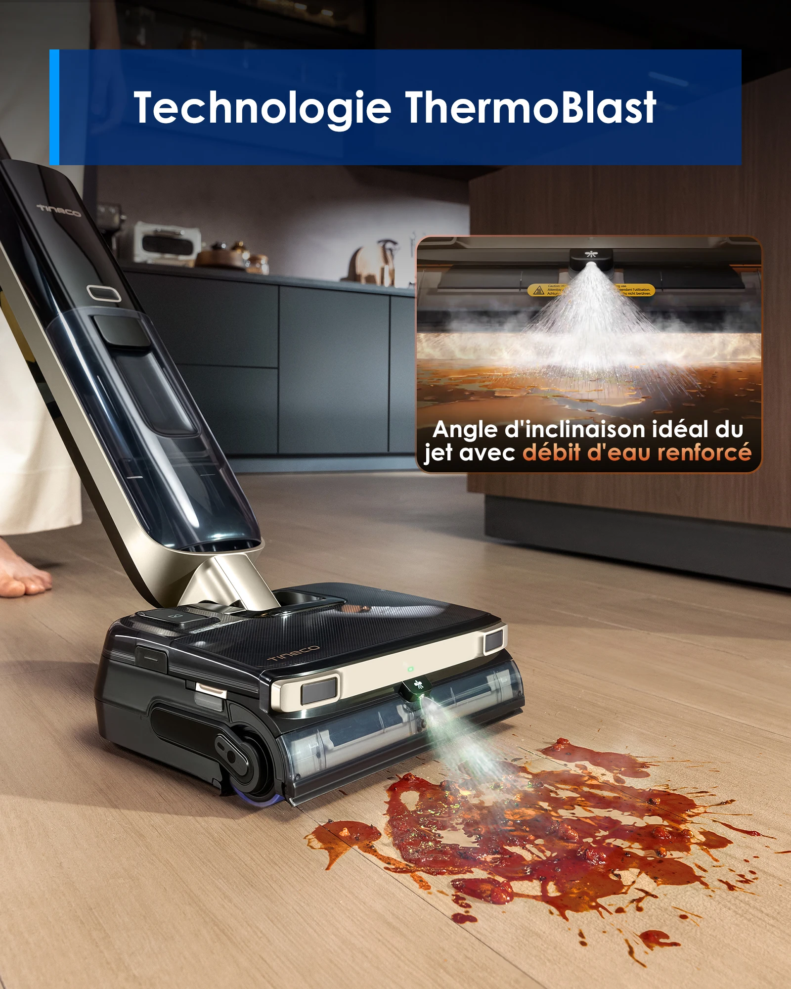 Aspirateur vapeur et sec Tineco Floor One S9 Master, racloir sans traces, technologie Thermoblast, nettoyage à l'eau chaude, corps ultra-fin de 9,9 cm, 23 Kpa, autonettoyage Flashdry, 150 °     Poussière verte révélant la lumière