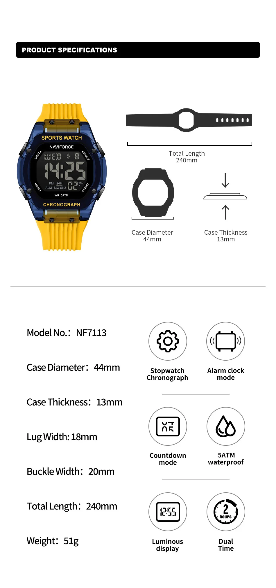 NAVIFORCE NF7113 montre de sport numérique de luxe pour hommes étanche rétro-éclairage LED réveil montre multifonction