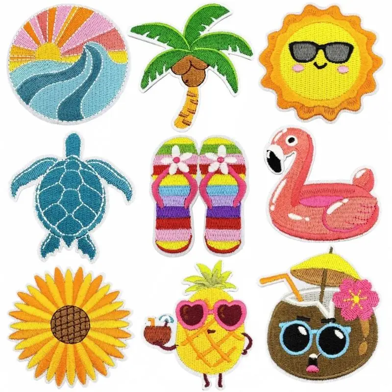 

39BD 9Pieces Beach Theme Fabric Patches Iron On Adhesive Applique Embroidery Patches For Hat Backpack Kids Clothes Repair Work