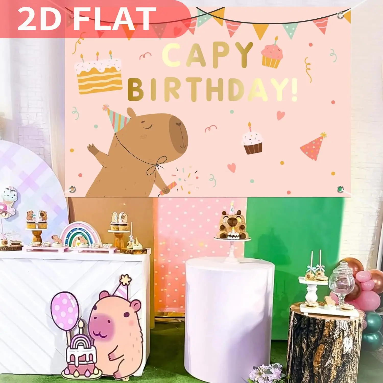 1 telón de fondo de cumpleaños con tema de Capy rosa, póster de fondo de capibara de dibujos animados para cumpleaños, diseño festivo, decoración de fiesta de cumpleaños