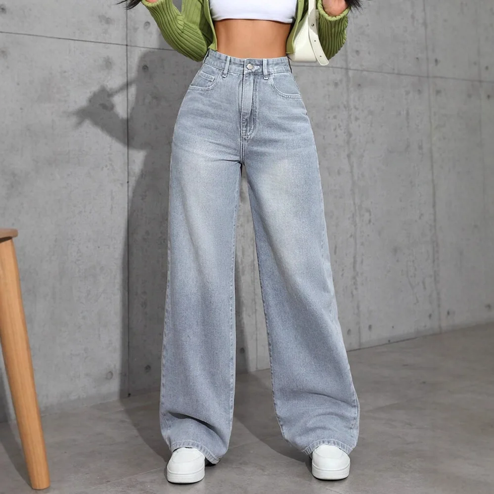 European style Vintage High Waist Women's Jeans Y2K Slimming Pear-Shaped Loose Straight Bell Bottoms Gray Baggy Denim Trousers