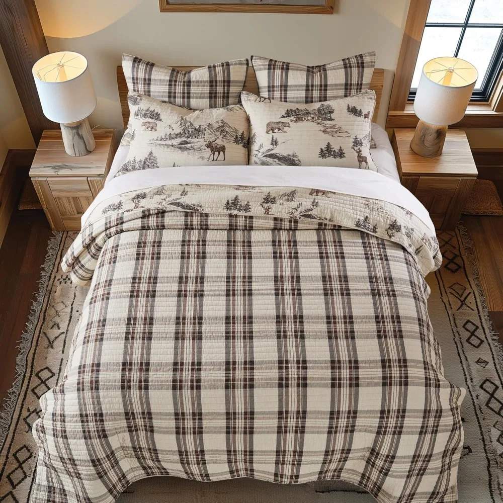 Ensemble de couette King Quilt and Two King Shams, Mountain Lodge, Brown Cream Charcoal, Cotton, 106x92in, 20x36in