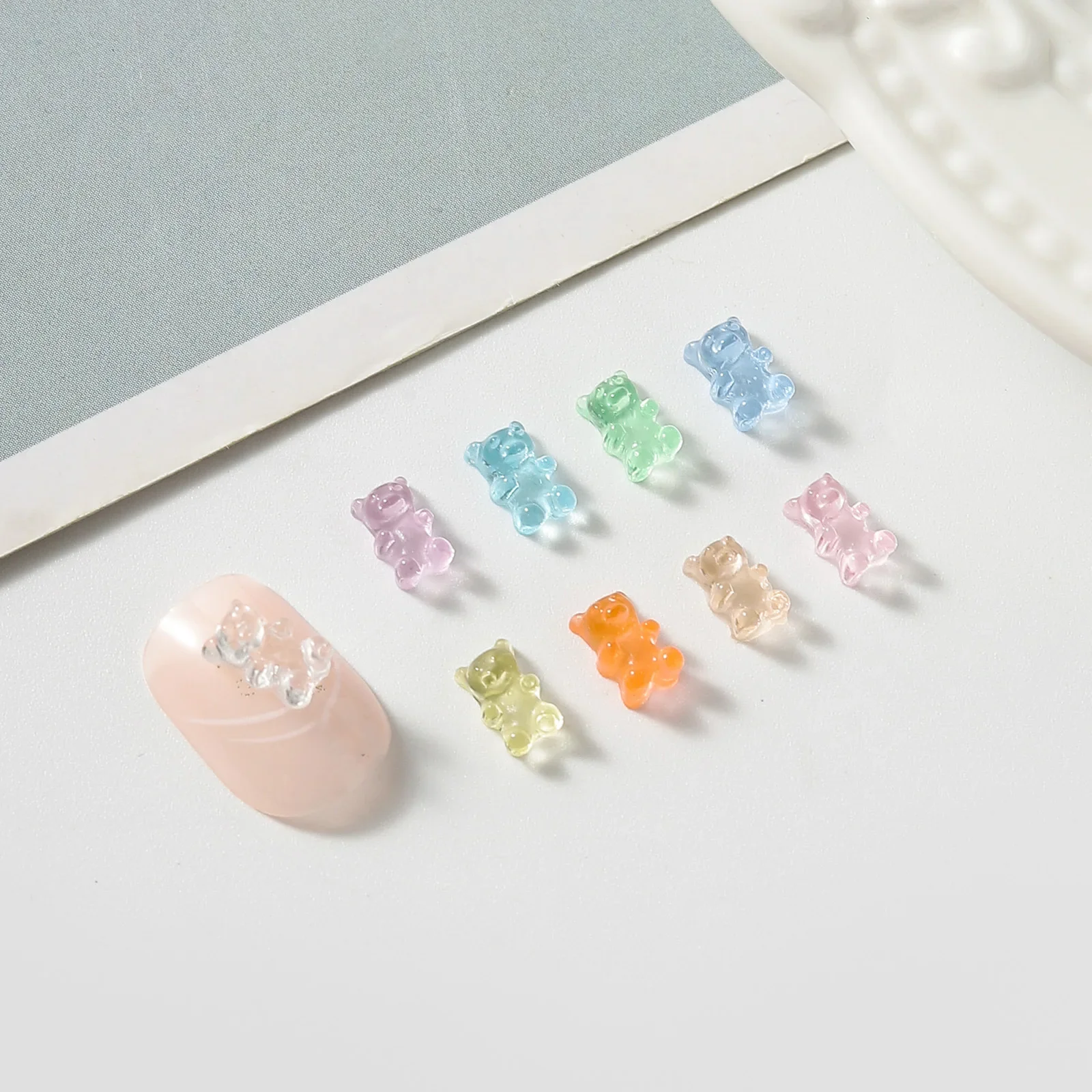 100pcs Japanese Cartoon Teddy Bear Nail Art Decoration Parts Kawaii Accessories 3D Macaron Mini Jelly Bear Resin Nails Charms