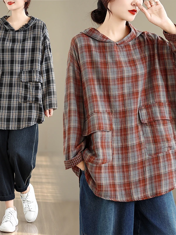 

Высококачественная японская Sle Long Sve Thin irt, женская повседневная верхняя одежда в клетку с завязками больших размеров, винтажная свободная посадка