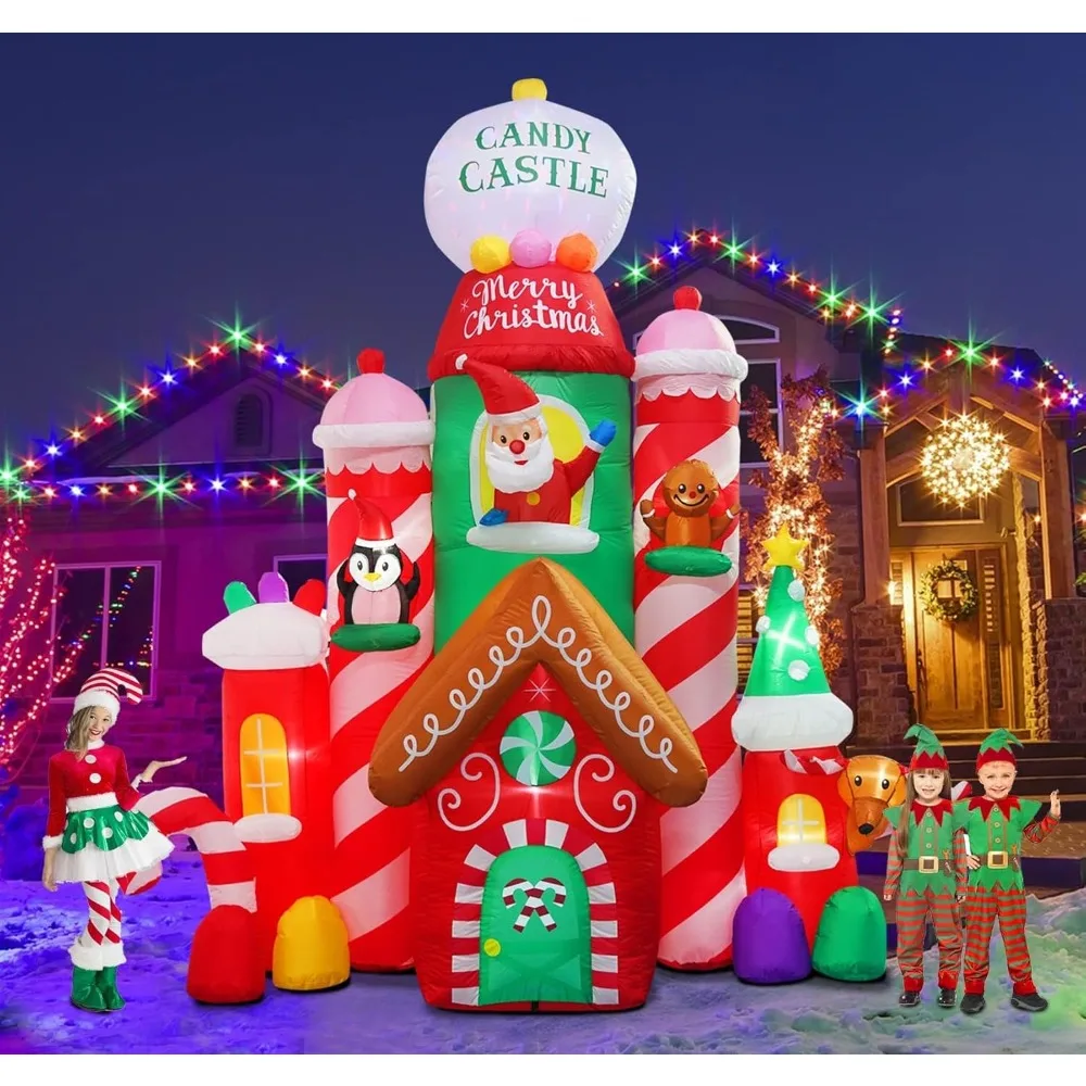 

10FT Tall Christmas Inflatable Outdoor Decoration Candy Castle with Santa Gingerbread and Penguin, Christmas Blow Up Candy Castl