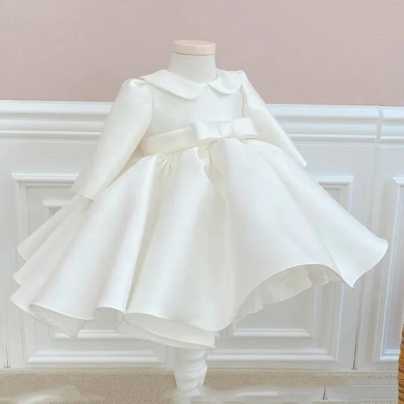 Baby Girl PrincessVintage Bow Vestido Party Birthday Baptism Frocks 1-14Y Silk Peter Pan Collar Dress Long Sleeve Child