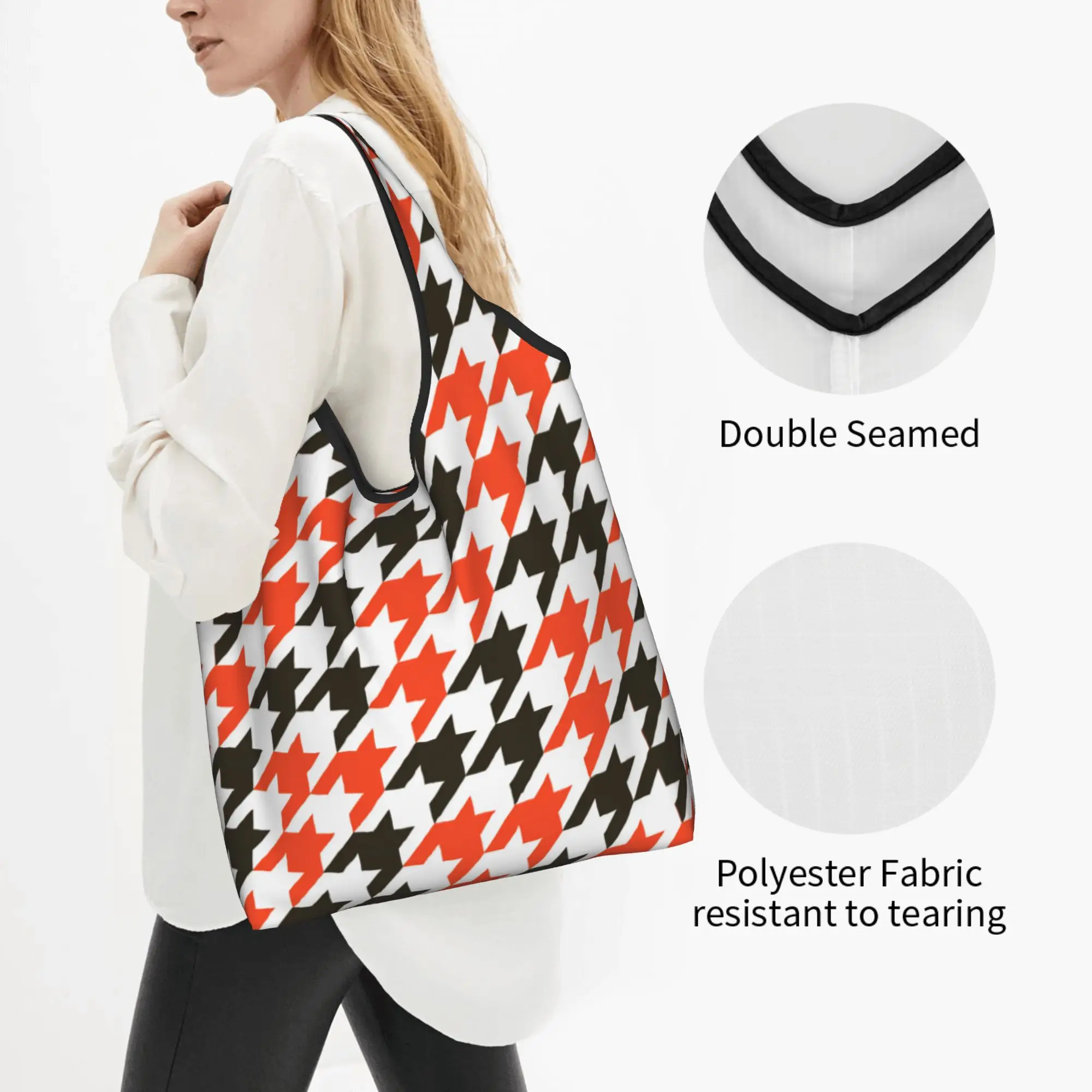 Recycling Houndstooth in Cleveland Browns Colors  Shopping Bag Women Tote Bag Portable Checkered Grocery Shopper Bags