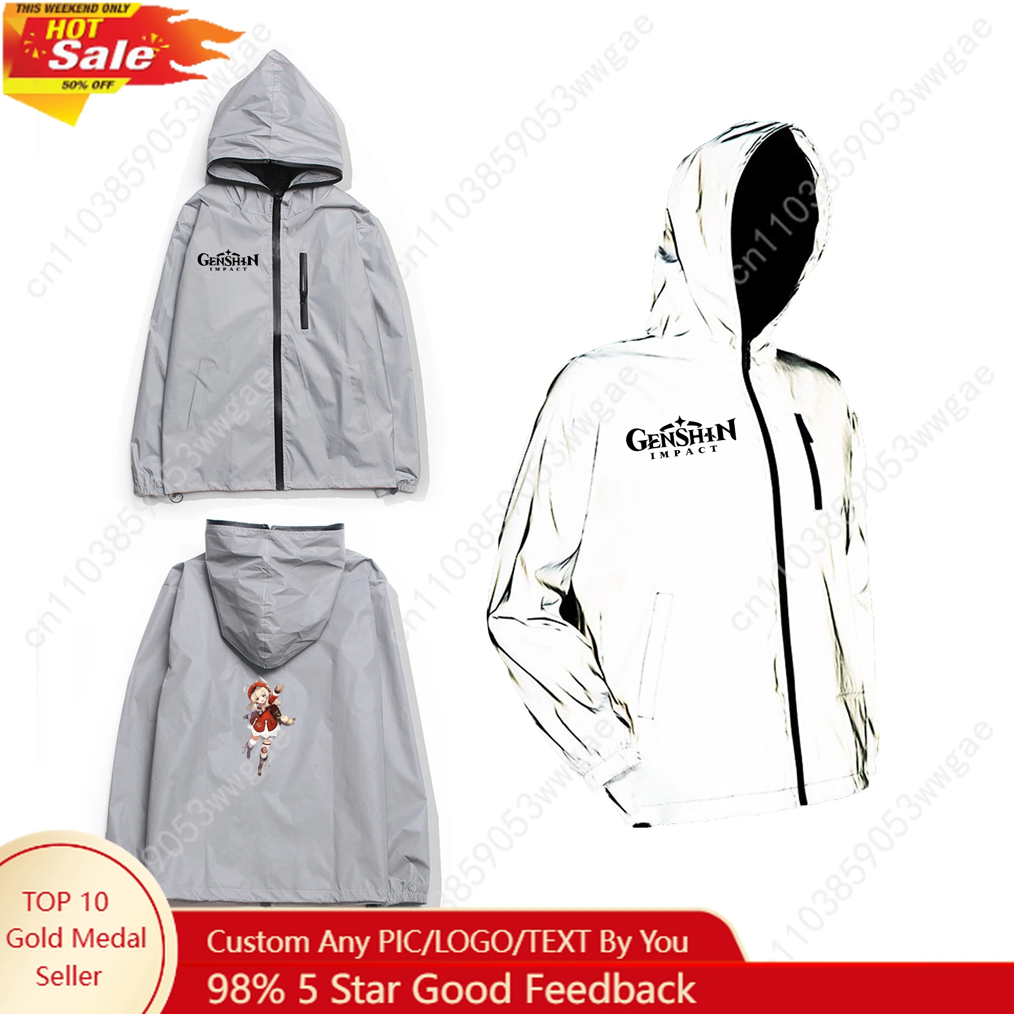 

Genshin Klee Reflective Jacket Mens Womens Coat Hooded Windbreaker Run Pocket Jackets Cycling Hiking Zipper Customized Hoodies