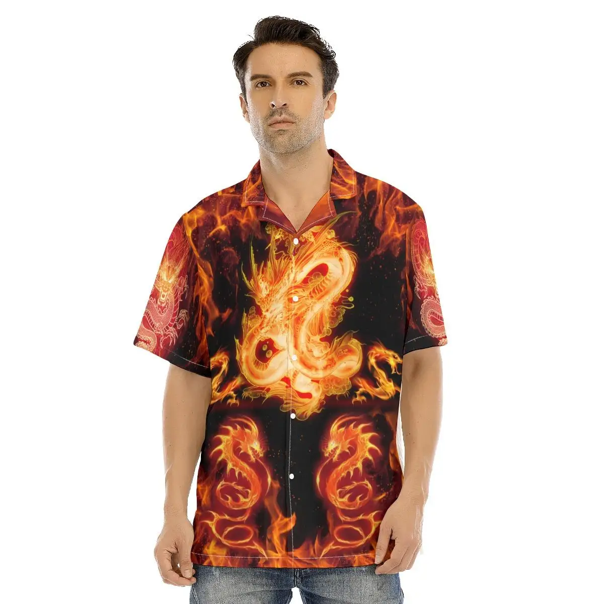 New Casual Men's Shrt Fire Dragon Cool Print Breathable Cuban Collar Short Sleeve Button Up Summer Shirts Beach Streetwear