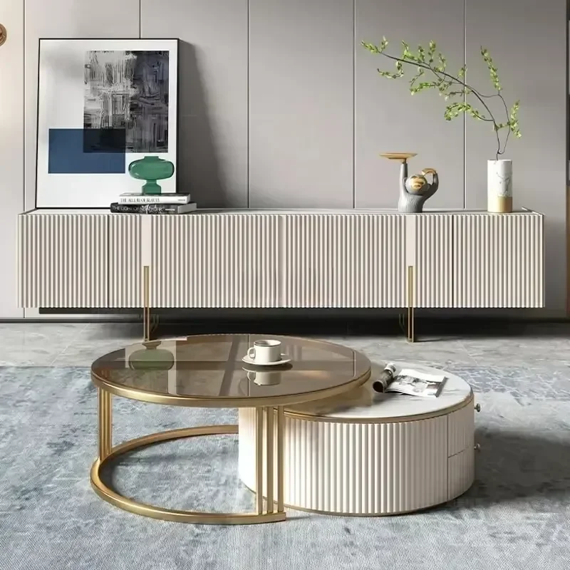 for Modern White TV Stand and Coffee Table Set with Black Stone Top Entertainment Center Cabinet for Living Room Furniture
