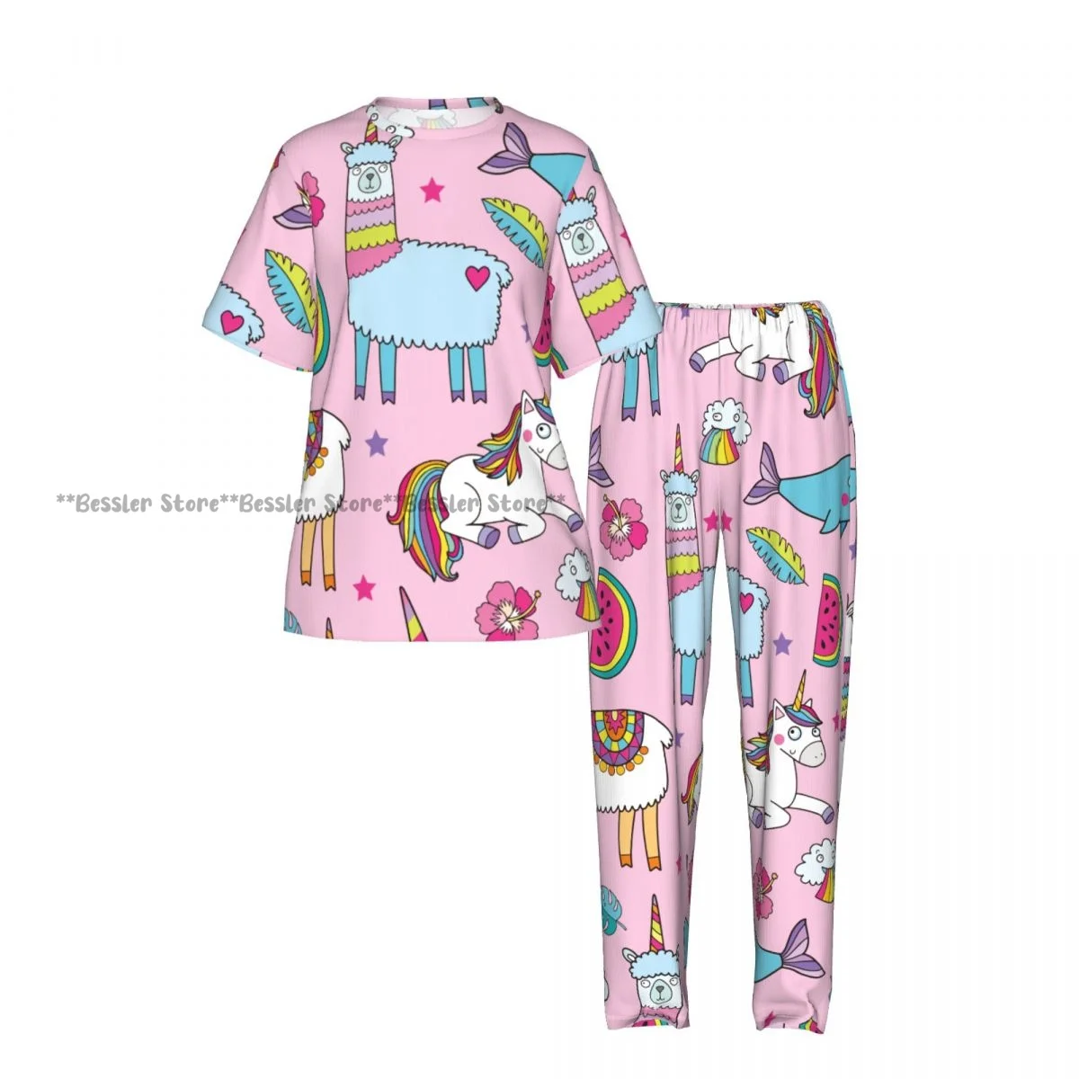 Cute Unicorn Llamas Pajamas Set Short-sleeved Women Home Clothing