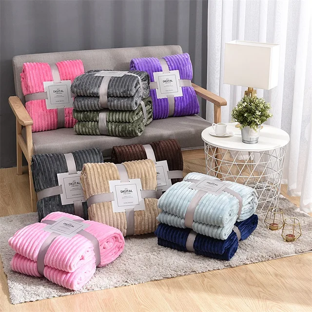 Summer Wide Clause Solid Color Cloud Mink Velvet Striped Blanket Flannel Blanket Thickened Yoga Throw Blanket Gift Thin Blanket 2
