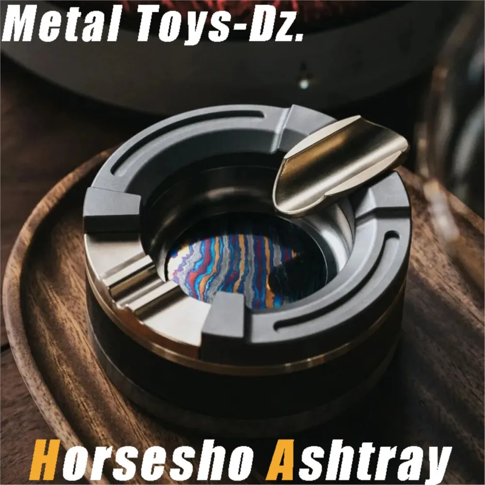 Metal Toys-Dz Horsesho Ashtray Rotates With A Satisfying Sound Zirconium Damascus Inlay Collector-Grade Craftsmanship Desk Toys