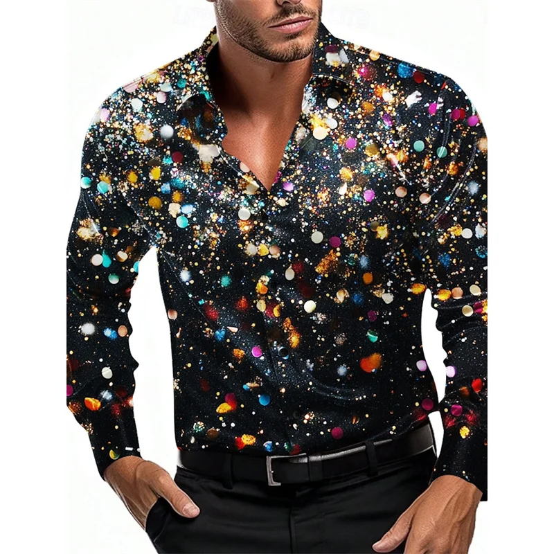 3D Printed Christmas Tree Hawaiian Shirts For Men Colorful Snowflake Pattern Aloha Shirts Loose Long Sleeve Lapel Tops Blouse