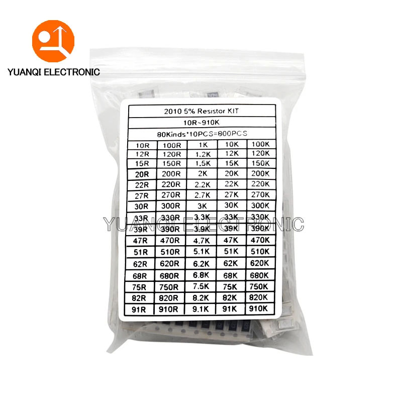 800PCS 2010 5% SMD Chip Resistor Assorted Kit 10 ohm - 910K 80valuesX10pcs=800pcs Resistance Sample Set