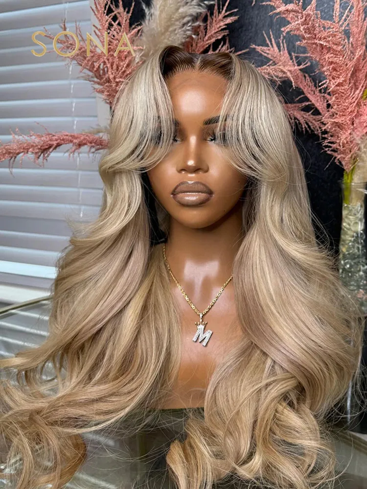 Honey Blonde Ombre 13x6 HD Transparent Lace Frmetals Wig, Perruque frontale en dentelle de cheveux humains 13tage, Perruque avec racine brune