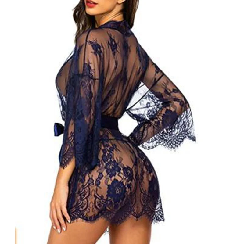 Sexy Women Lingerie Lace Night Dress Sleepwear Nightgown Bandage Deep V G-String See Through Sexy Sheer Sleep Dress Robe 2022