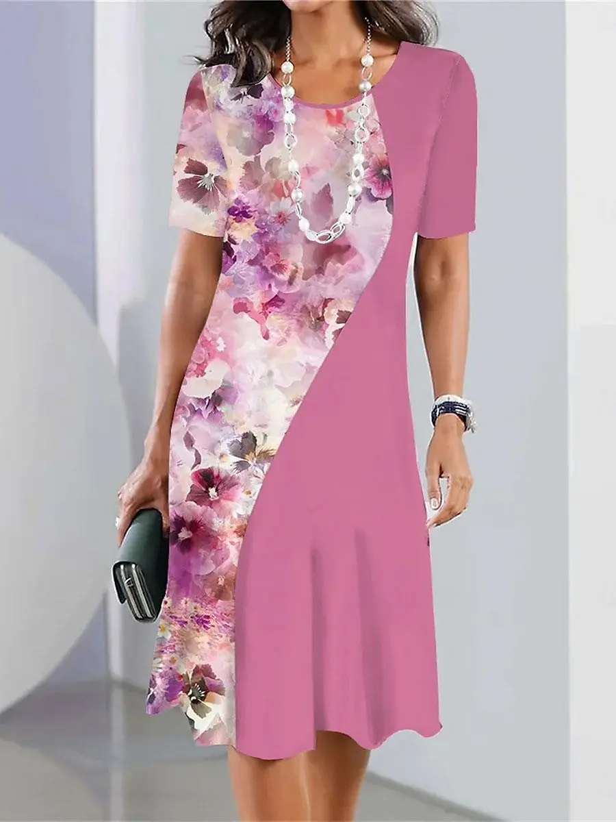 Damen Freizeitkleid mit Blumenmuster, Rundhalsausschnitt, Midi-Länge, Stilvolles Alltags- und Urlaubskleid, Kurzarm, Sommer-Abendkleid
