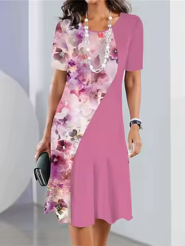 Women's Casual Dress Floral Print Crew Neck Midi Dress Stylish Casual Daily Vacation Short Sleeve Summer Evening Party Dresses
