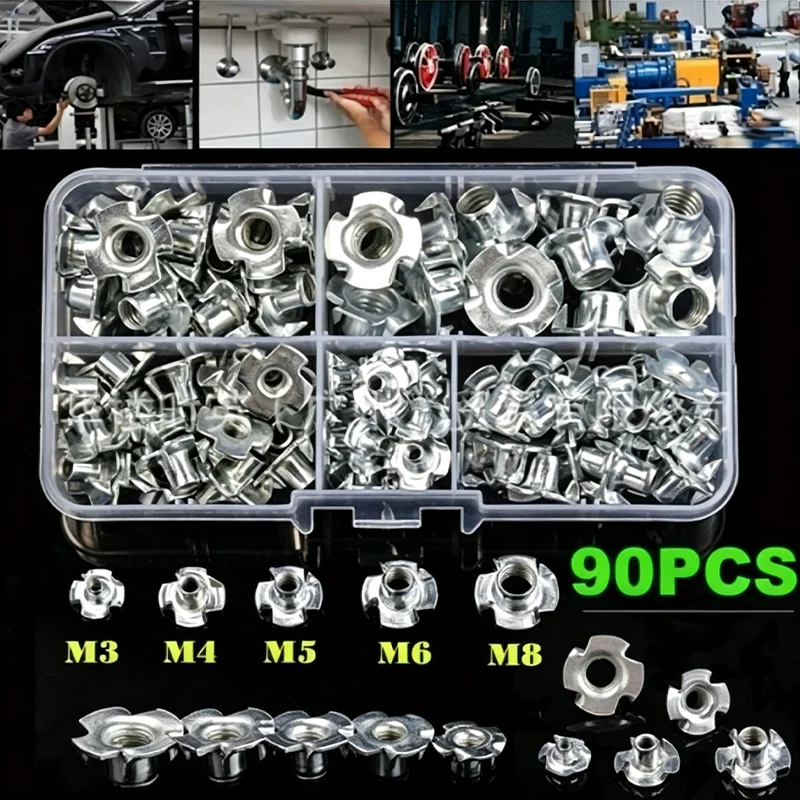 230PC M3~M12 Zinc Plated Four Claws Nut Speaker T-nut Assortment Blind Pronged Insert Tee Nut Furniture Hardware Four Claw Nut