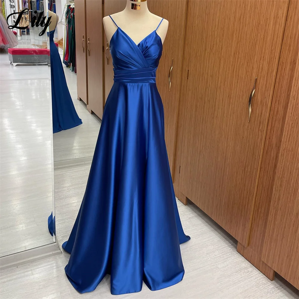 Lily Royal Blue Evening Dress Sexy Spaghetti Straps Prom Dress Sweetheart A-Line Satin Party Dress With Pleats Robe De Soirรฉe