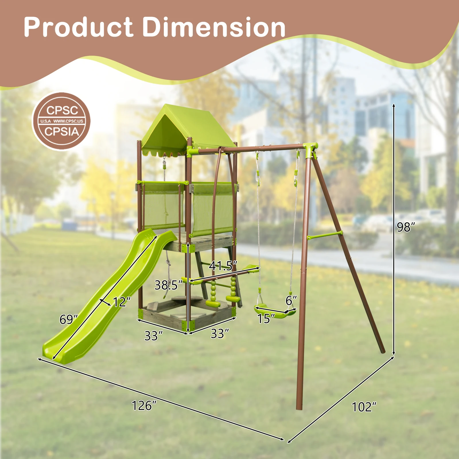 7-in-1 Swing Set with Covered Fort Height Adjustable Swing Climbing Rope Sandbox